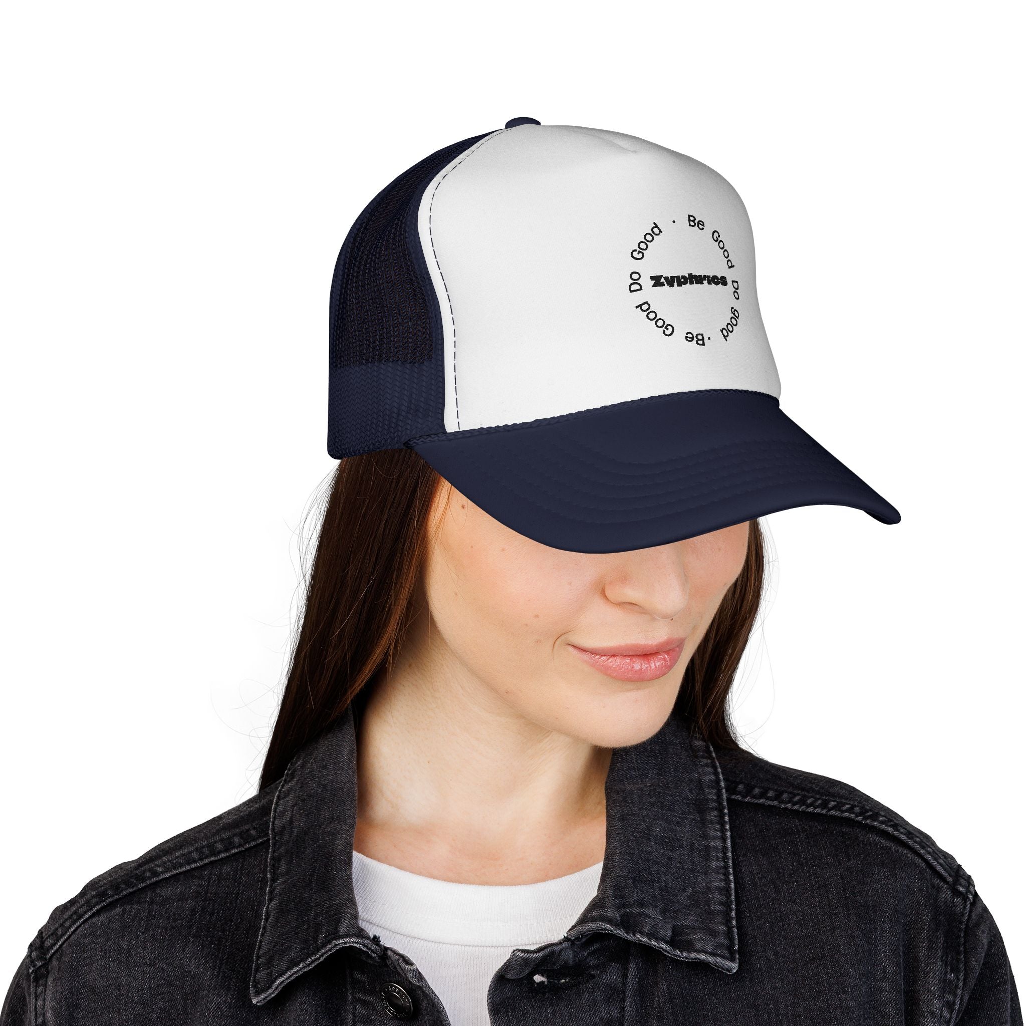 Trucker Cap — Minimal 'Be Good' Circular Text Mesh Hat