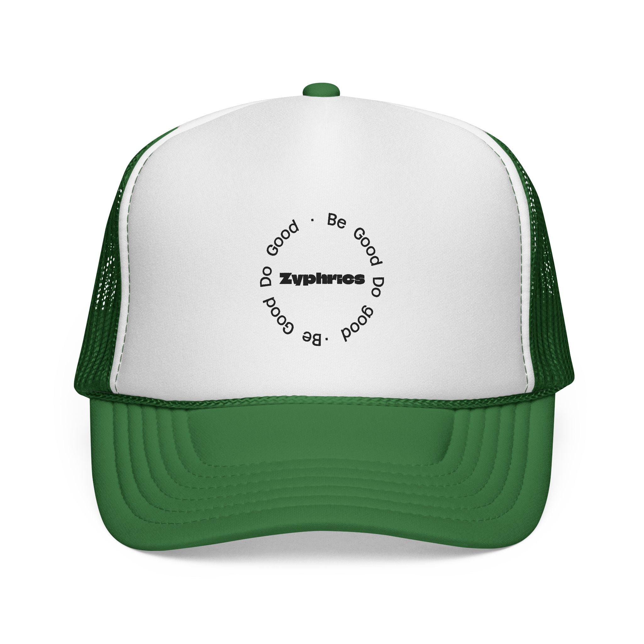 Trucker Cap — Minimal 'Be Good' Circular Text Mesh Hat