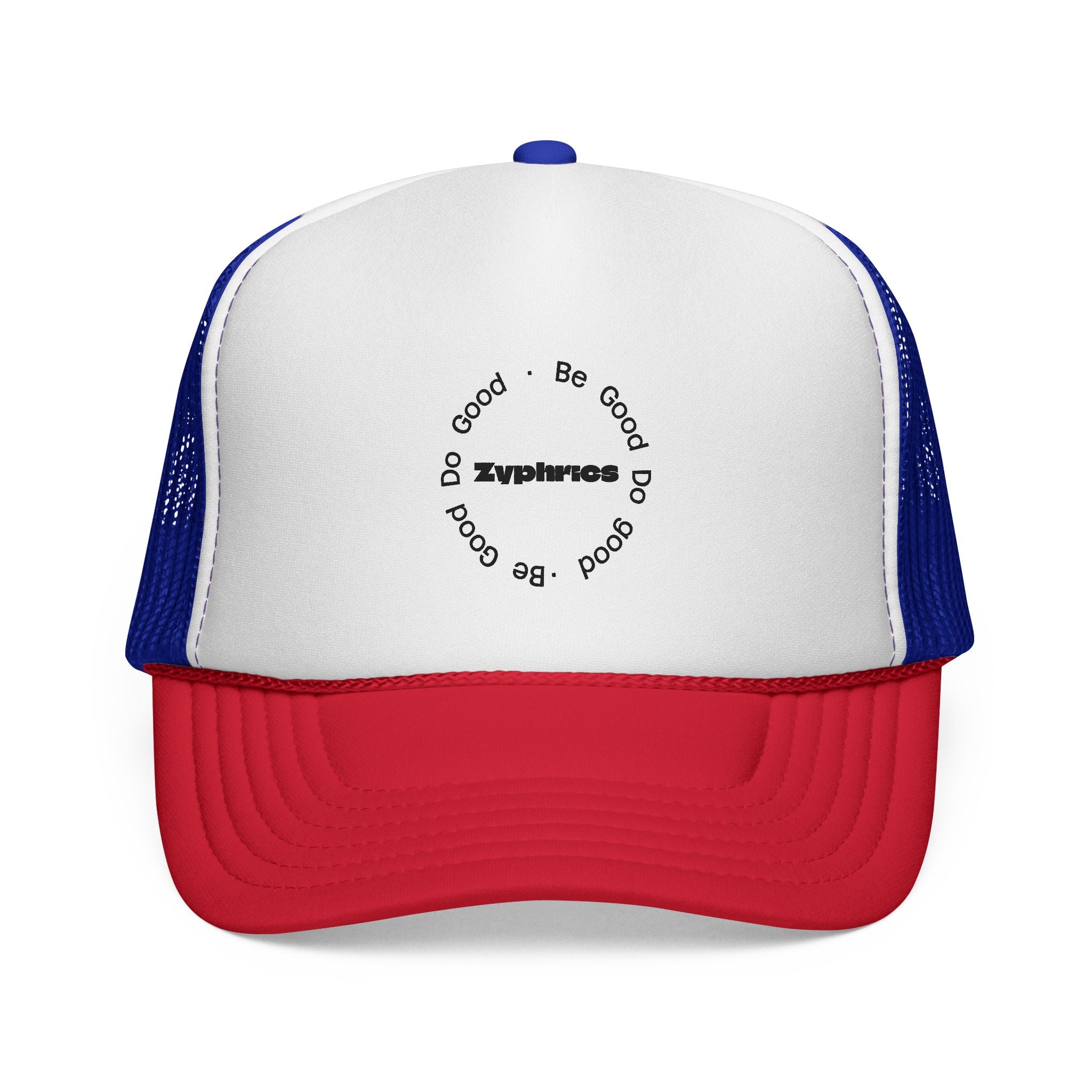 Trucker Cap — Minimal 'Be Good' Circular Text Mesh Hat