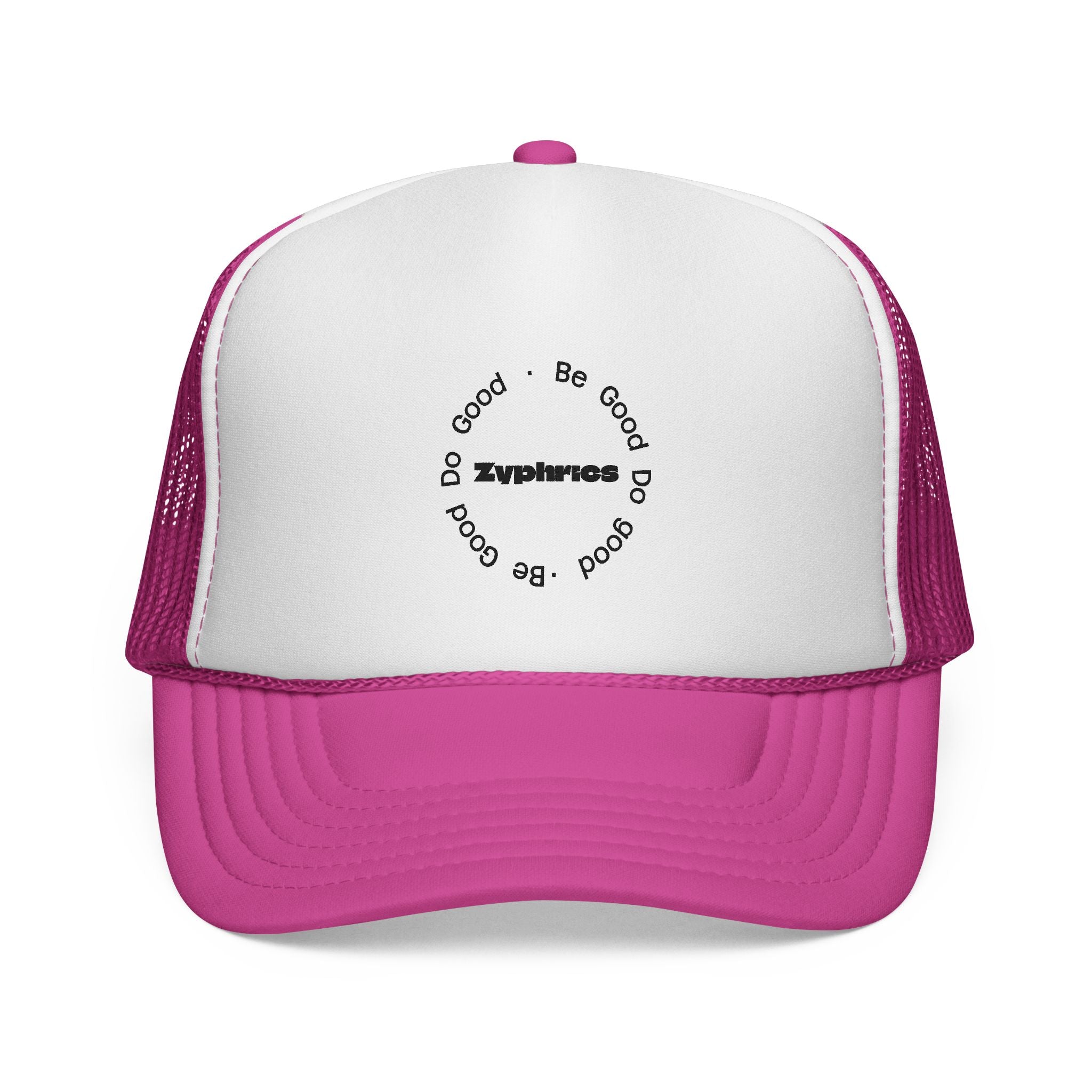 Trucker Cap — Minimal 'Be Good' Circular Text Mesh Hat