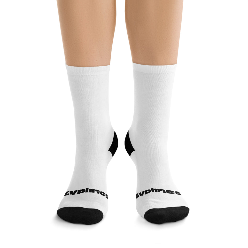 Zyprhics Recycled Poly Socks — Eco-Friendly White Crew Socks with Black Heel & Toe