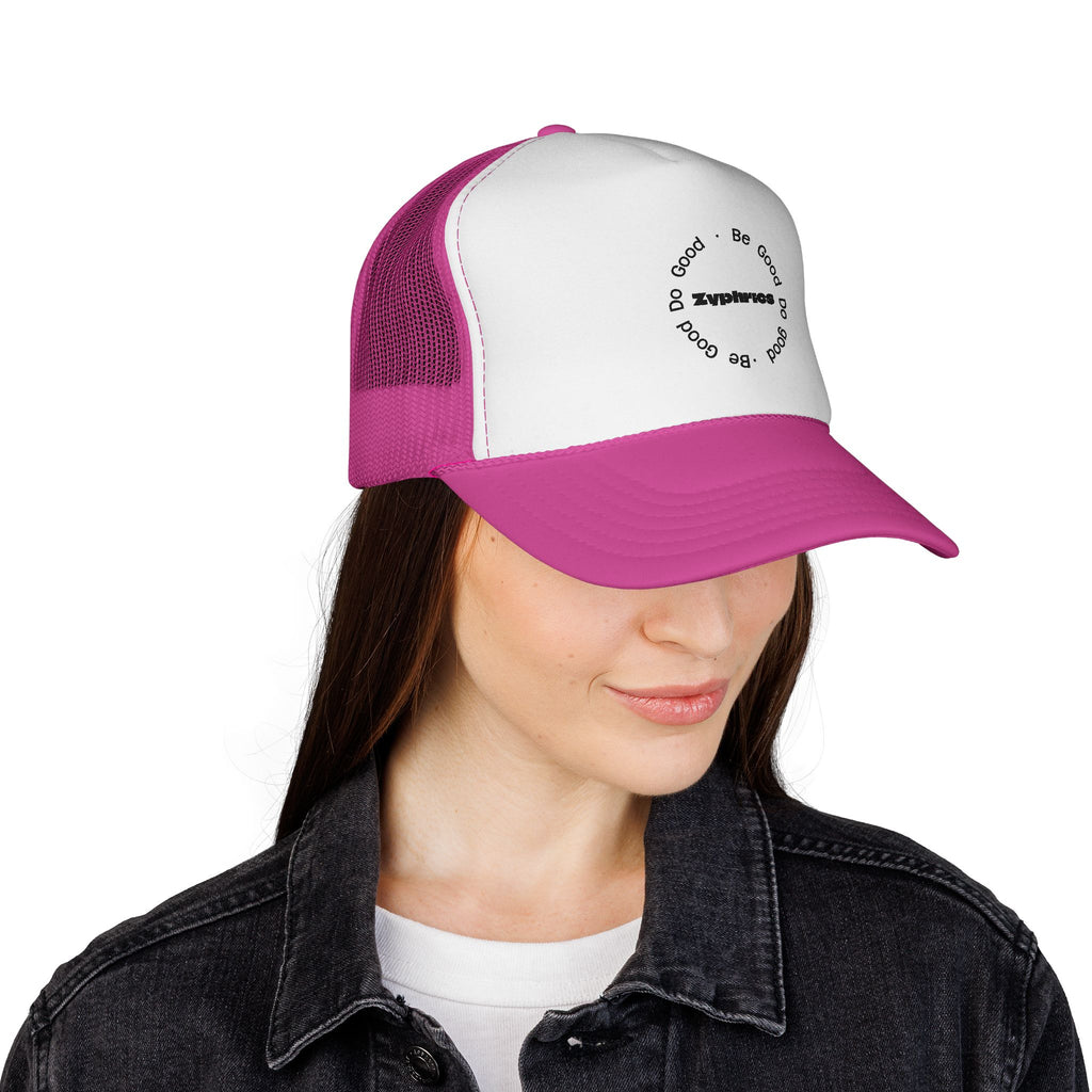 Trucker Cap — Minimal 'Be Good' Circular Text Mesh Hat