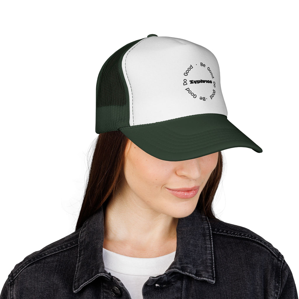 Trucker Cap — Minimal 'Be Good' Circular Text Mesh Hat