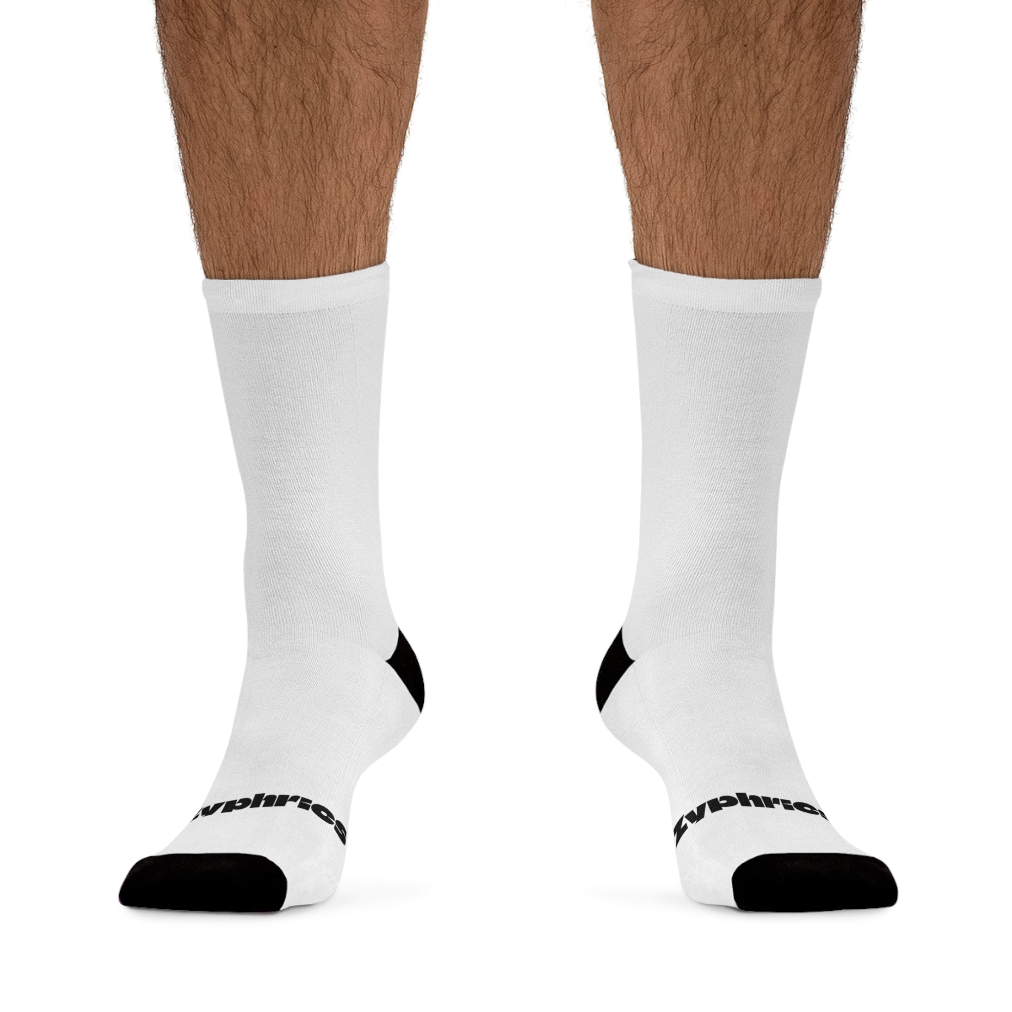 Zyprhics Recycled Poly Socks — Eco-Friendly White Crew Socks with Black Heel & Toe
