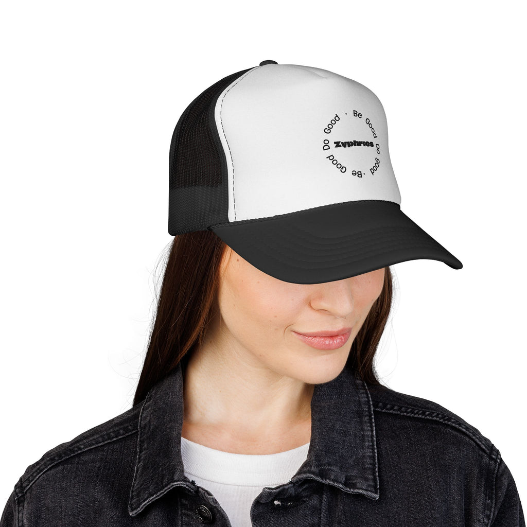 Trucker Cap — Minimal 'Be Good' Circular Text Mesh Hat