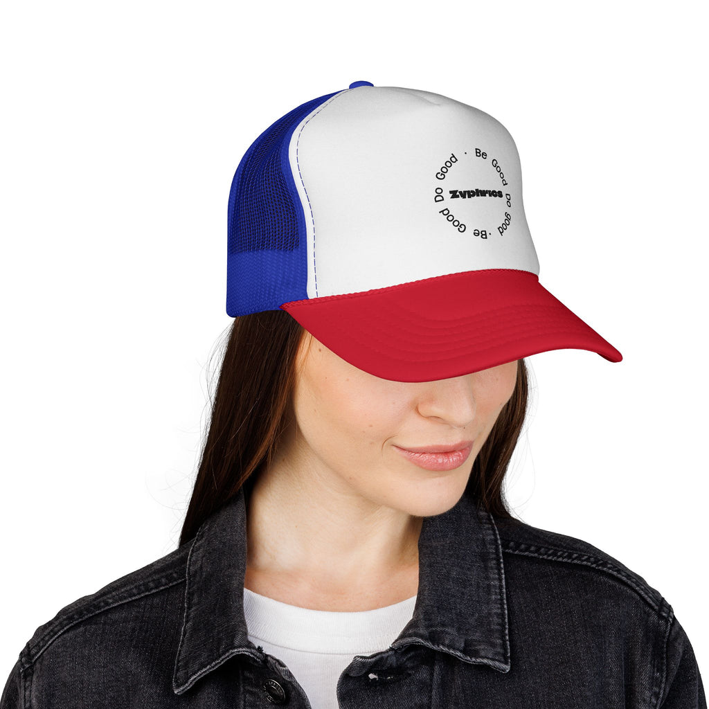Trucker Cap — Minimal 'Be Good' Circular Text Mesh Hat
