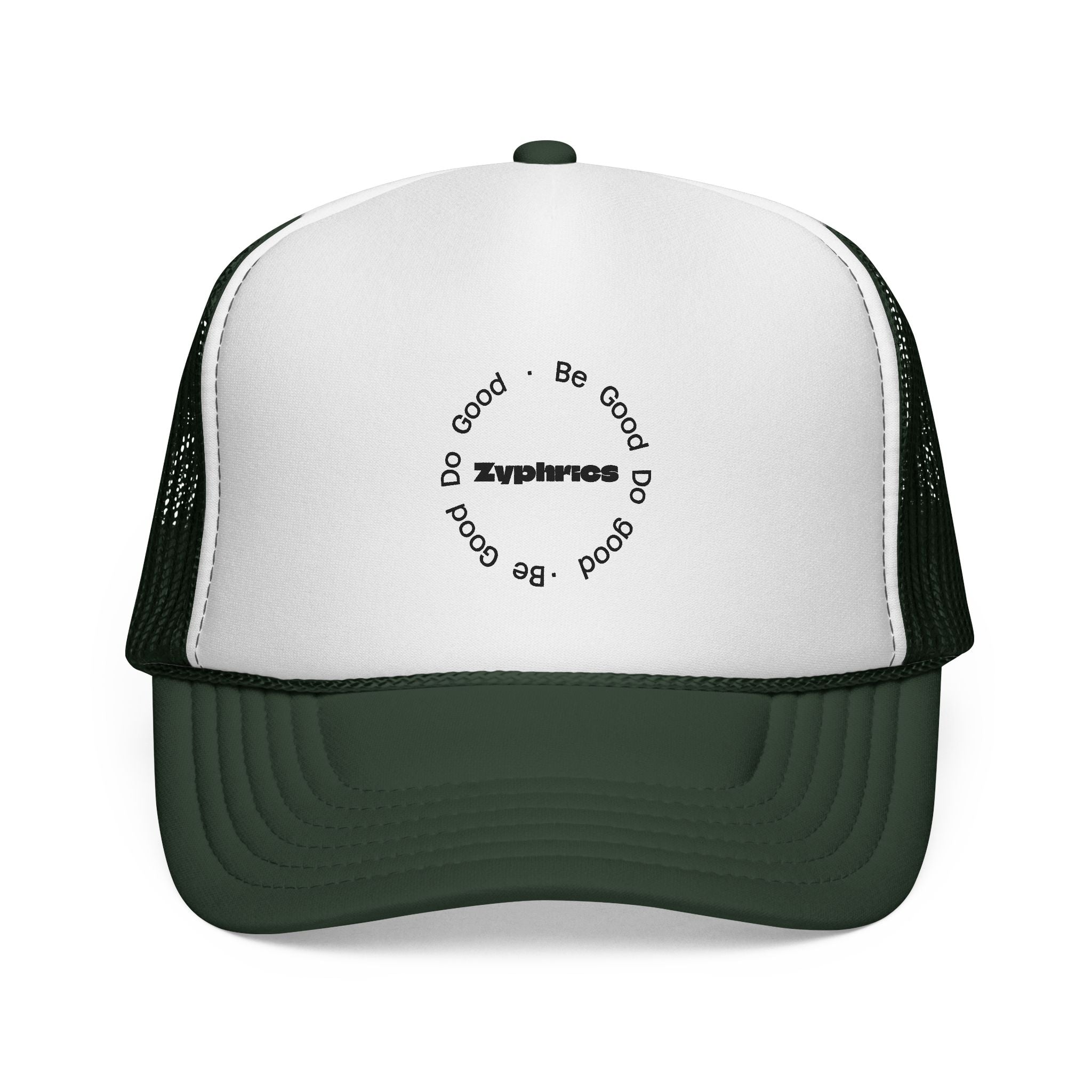 Trucker Cap — Minimal 'Be Good' Circular Text Mesh Hat