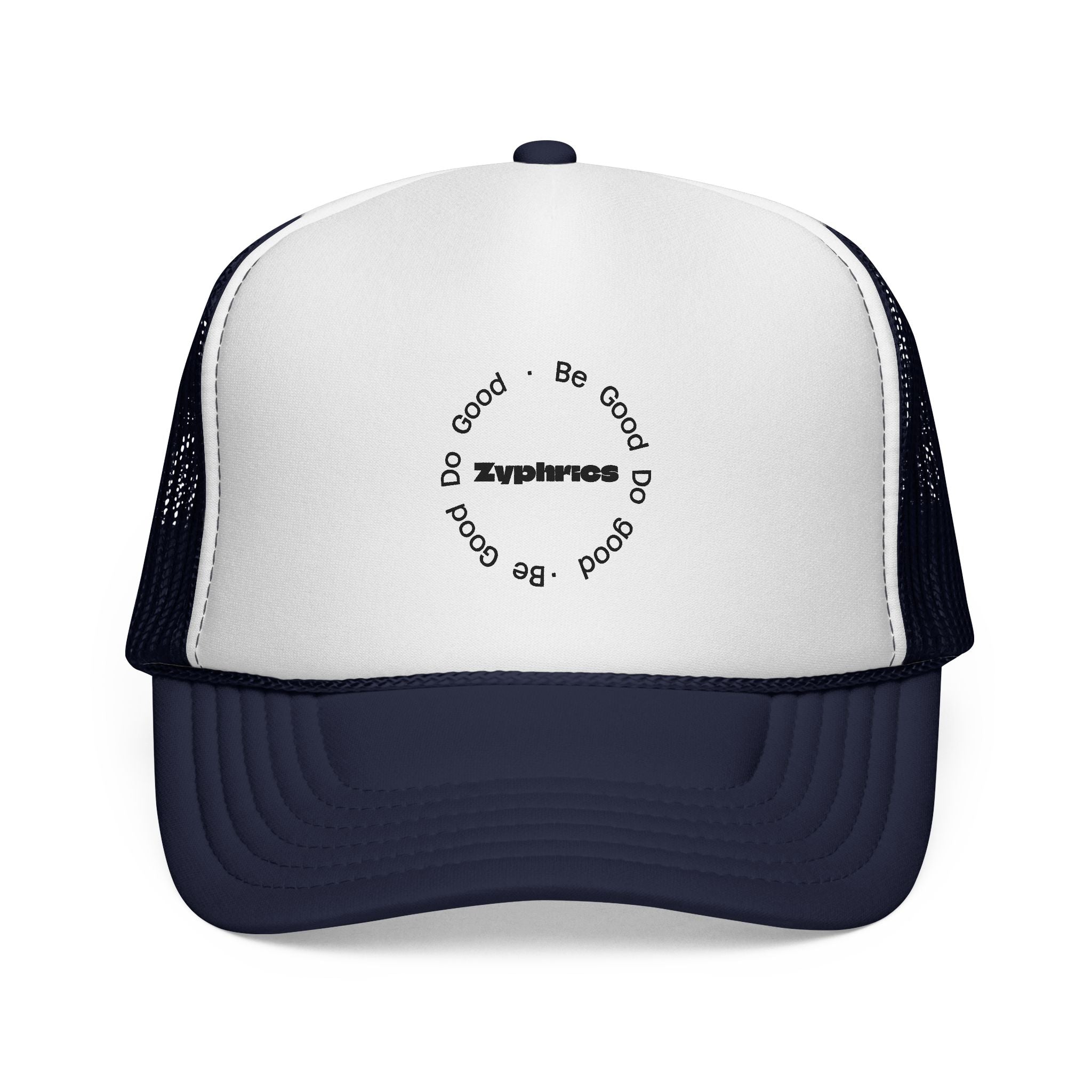 Trucker Cap — Minimal 'Be Good' Circular Text Mesh Hat