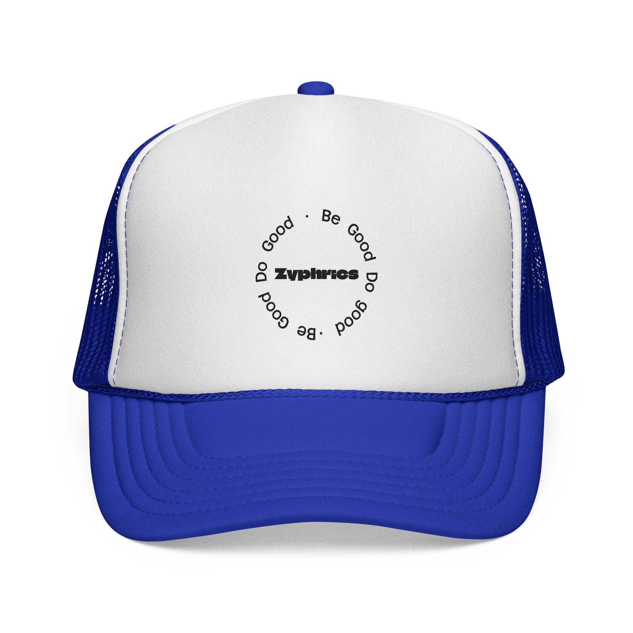 Trucker Cap — Minimal 'Be Good' Circular Text Mesh Hat