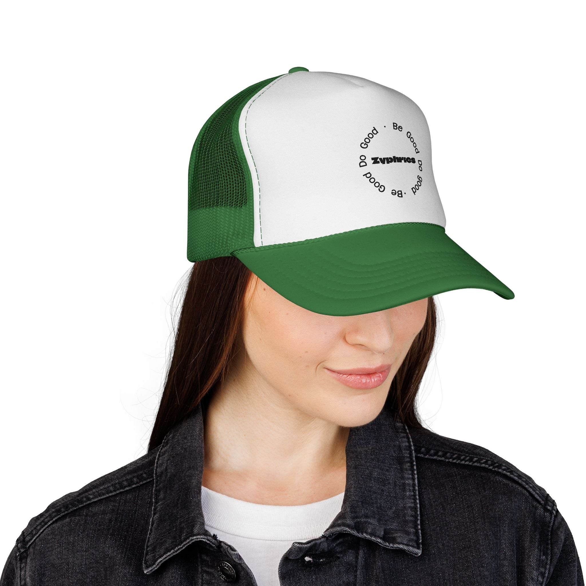 Trucker Cap — Minimal 'Be Good' Circular Text Mesh Hat