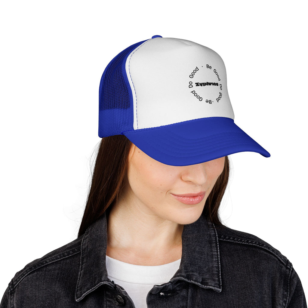 Trucker Cap — Minimal 'Be Good' Circular Text Mesh Hat
