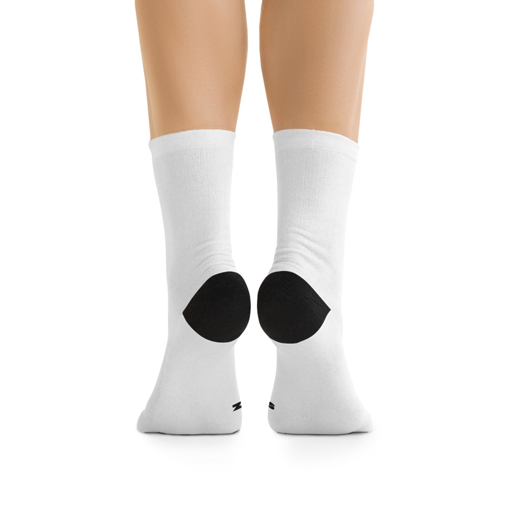 Zyprhics Recycled Poly Socks — Eco-Friendly White Crew Socks with Black Heel & Toe