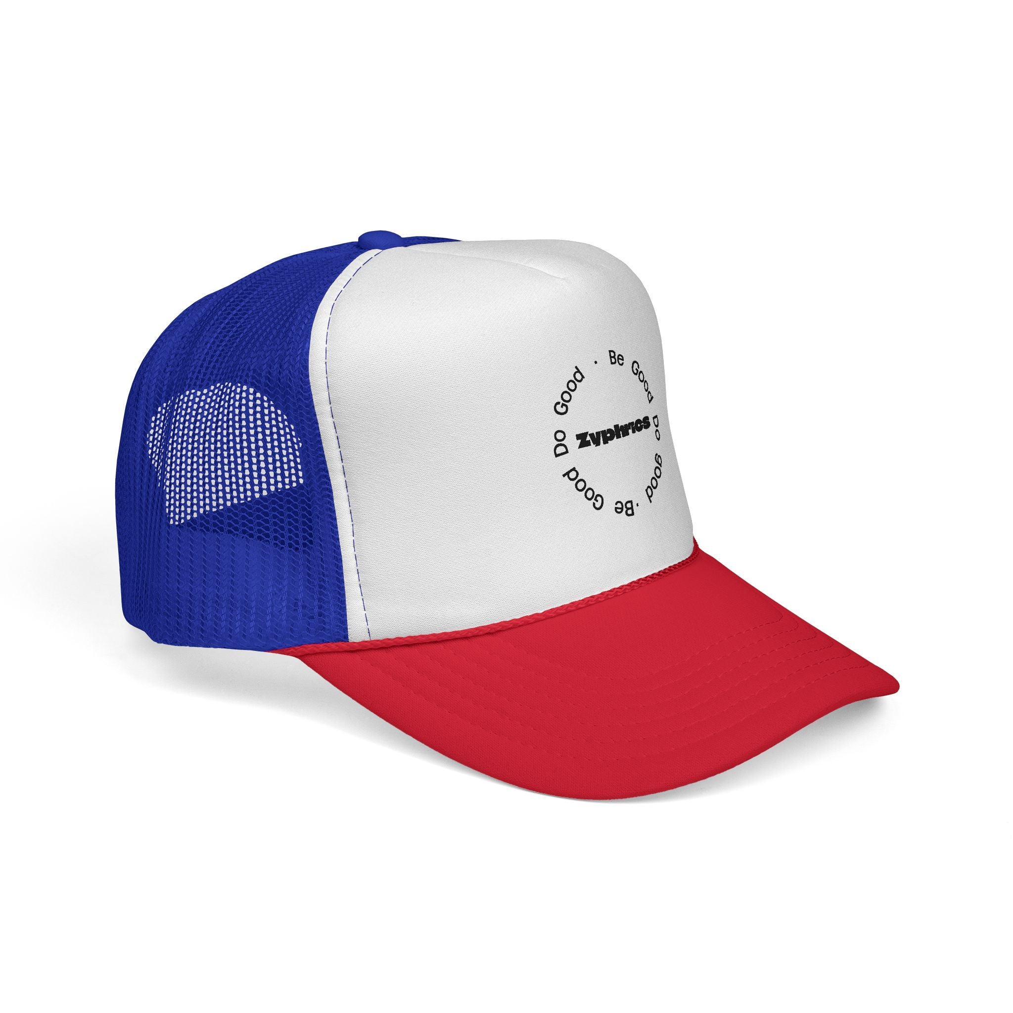 Trucker Cap — Minimal 'Be Good' Circular Text Mesh Hat